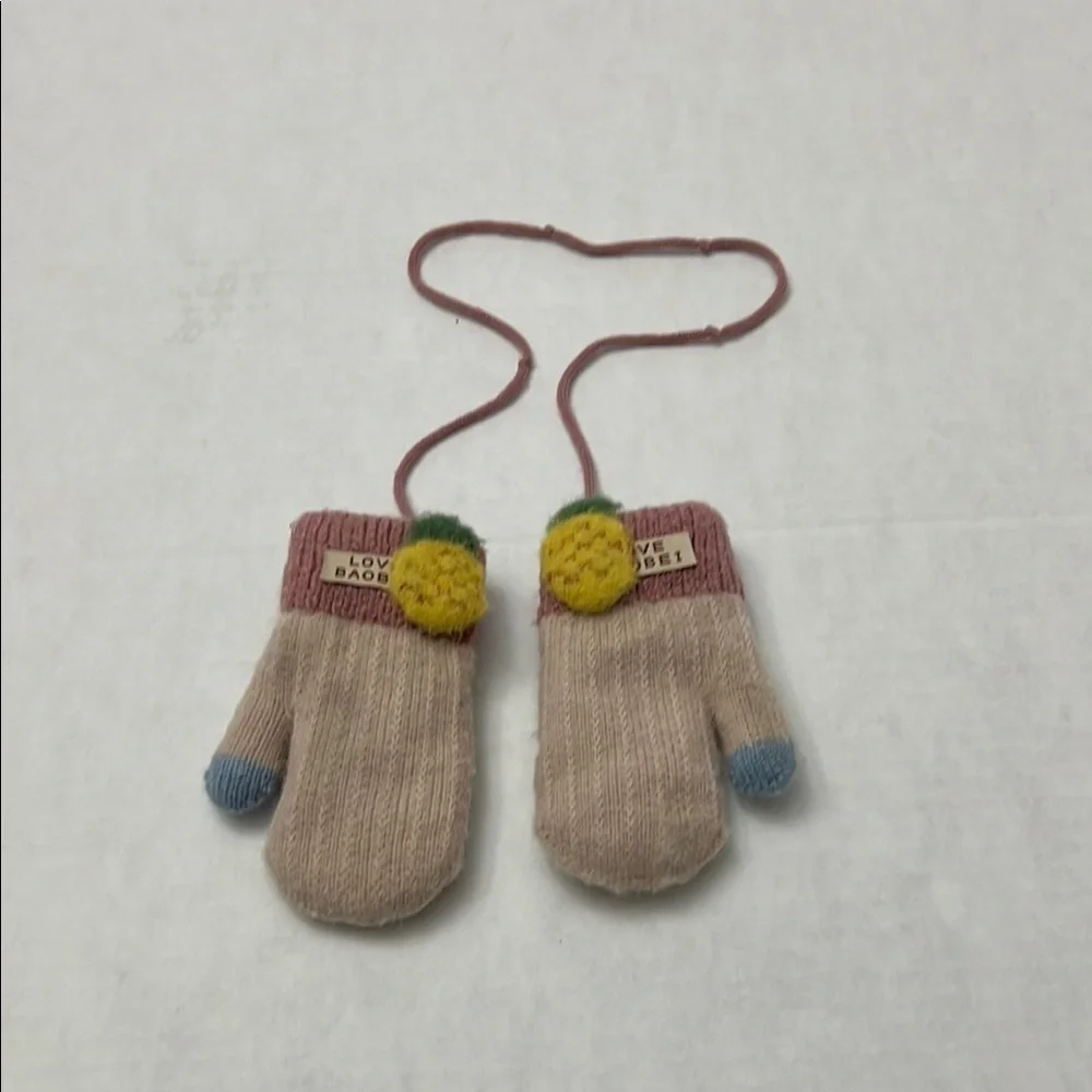 Cozy Beige and Blue Kids Mittens with Pom-Poms